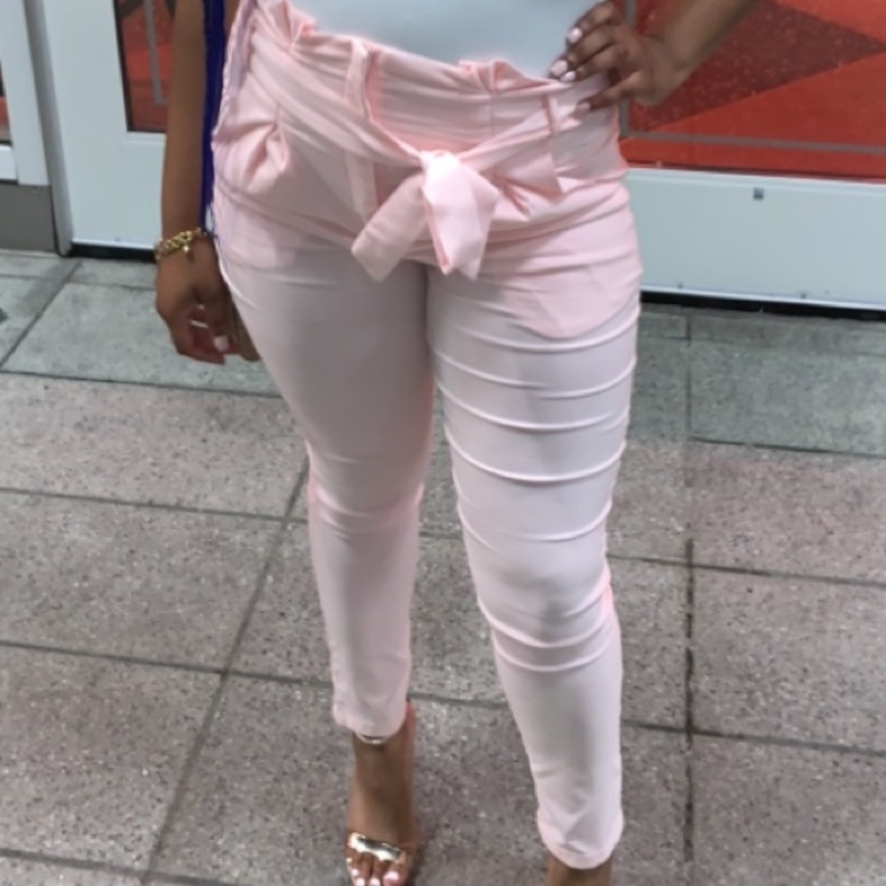 Casual loose paper bag ankle pants Pink